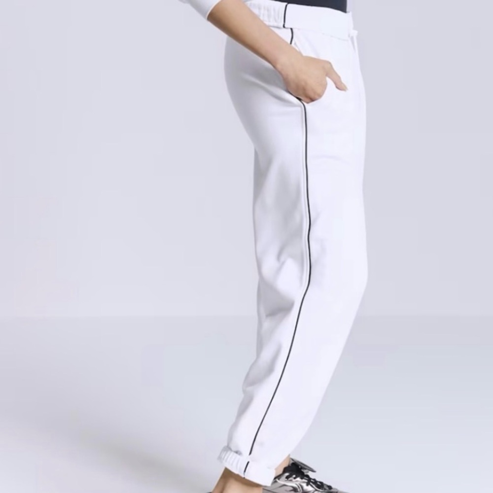 Athleta Forever Fleece White Joggers with Black Stripe